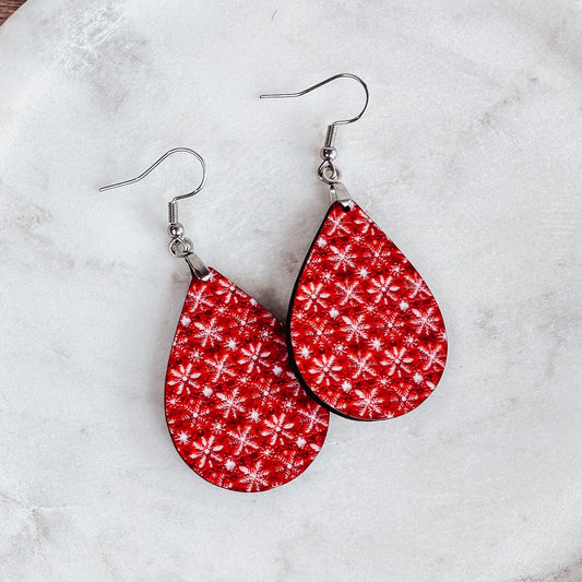 Red Snowflake Teardrop Earrings – Holiday Winter Jewelry
