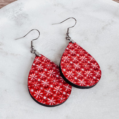 Red Snowflake Teardrop Earrings – Holiday Winter Jewelry