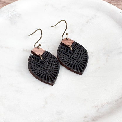 Boho Walnut Wood Drop Earrings with Black Accents & Bronze Hardware