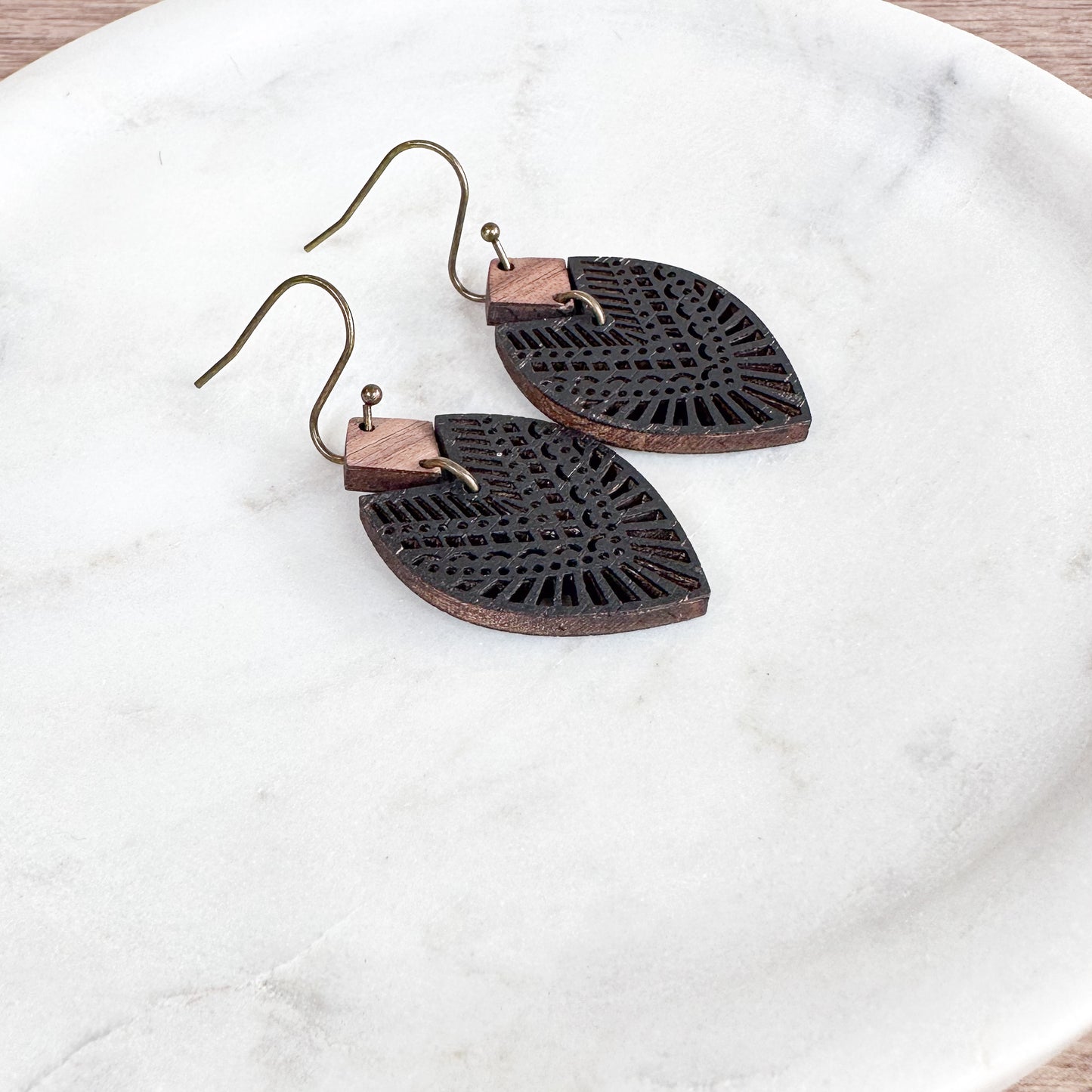 Boho Walnut Wood Drop Earrings with Black Accents & Bronze Hardware