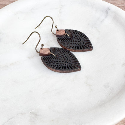 Boho Walnut Wood Drop Earrings with Black Accents & Bronze Hardware