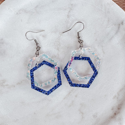 Blue Glitter Hexagon Earrings – Layered Acrylic Geometric Dangle Earrings