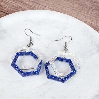 Blue Glitter Hexagon Earrings – Layered Acrylic Geometric Dangle Earrings