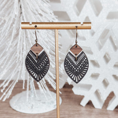 Boho Walnut Wood Drop Earrings with Black Accents & Bronze Hardware