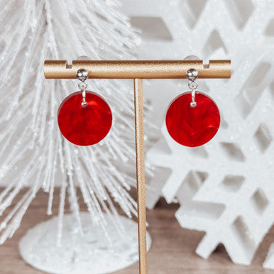 Small Red Acrylic Circle Earrings – Minimalist Dangle Jewelry