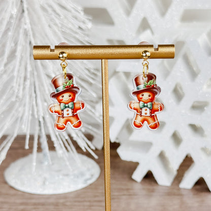 Gingerbread Boy Acrylic Post Dangle Earrings – Cute Holiday Jewelry