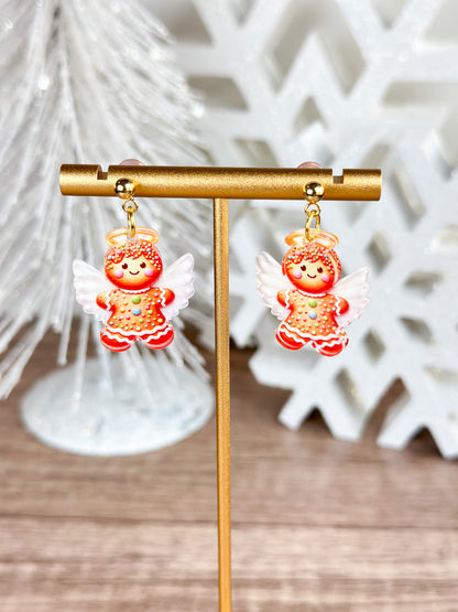 Gingerbread Angel Acrylic Post Dangle Earrings – Cute Holiday Jewelry