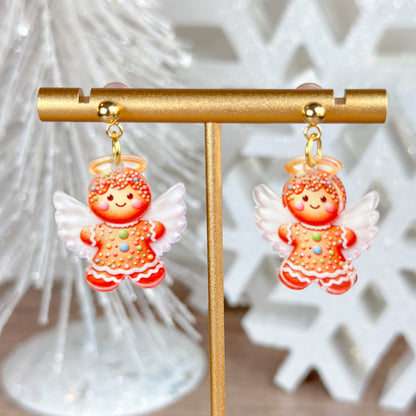 Gingerbread Angel Acrylic Post Dangle Earrings – Cute Holiday Jewelry