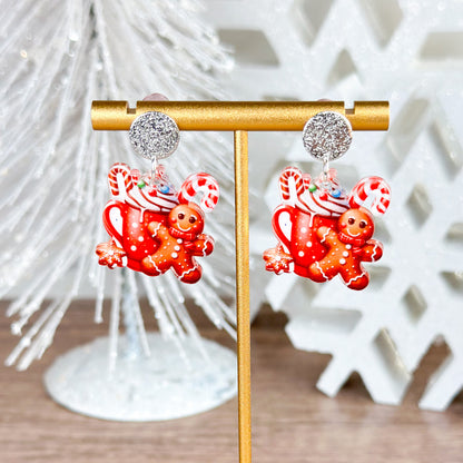 Gingerbread Cocoa Acrylic Post Dangle Earrings – Cute Holiday Jewelry