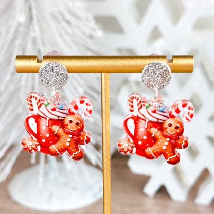 Gingerbread Cocoa Acrylic Post Dangle Earrings – Cute Holiday Jewelry