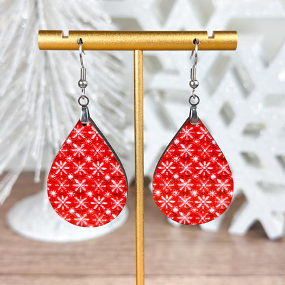 Red Snowflake Teardrop Earrings – Holiday Winter Jewelry