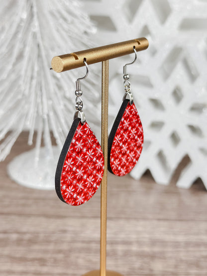 Red Snowflake Teardrop Earrings – Holiday Winter Jewelry