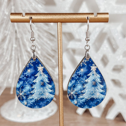 Blue Christmas Tree Earrings – Winter Teardrop Holiday Jewelry