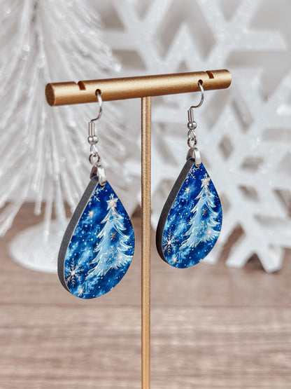 Blue Christmas Tree Earrings – Winter Teardrop Holiday Jewelry