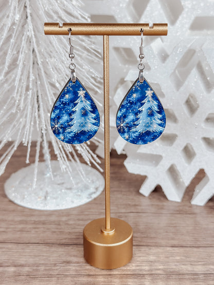 Blue Christmas Tree Earrings – Winter Teardrop Holiday Jewelry