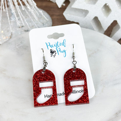 Red Glitter Stocking Cutout Dangle Earrings – Festive Acrylic Holiday Jewelry