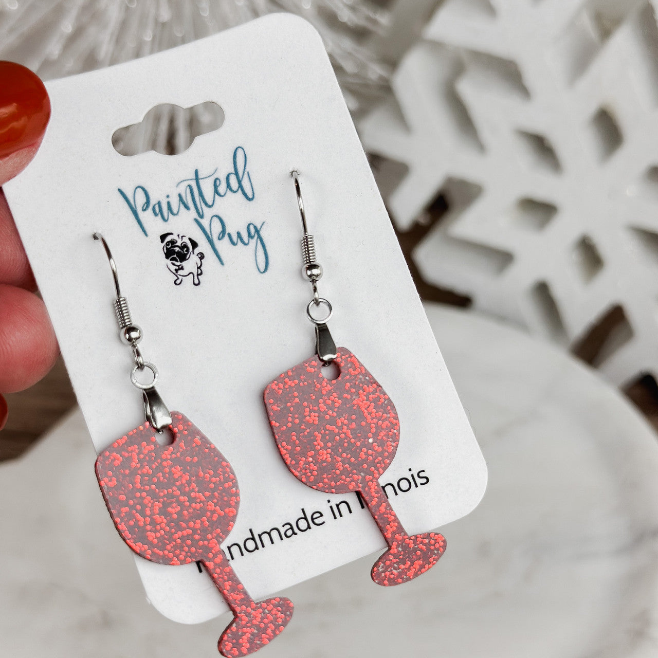 Red Glitter Wine Glass Dangle Earrings – Fun Holiday Statement Jewelry
