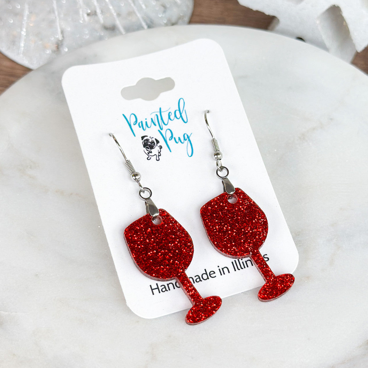 Red Glitter Wine Glass Dangle Earrings – Fun Holiday Statement Jewelry