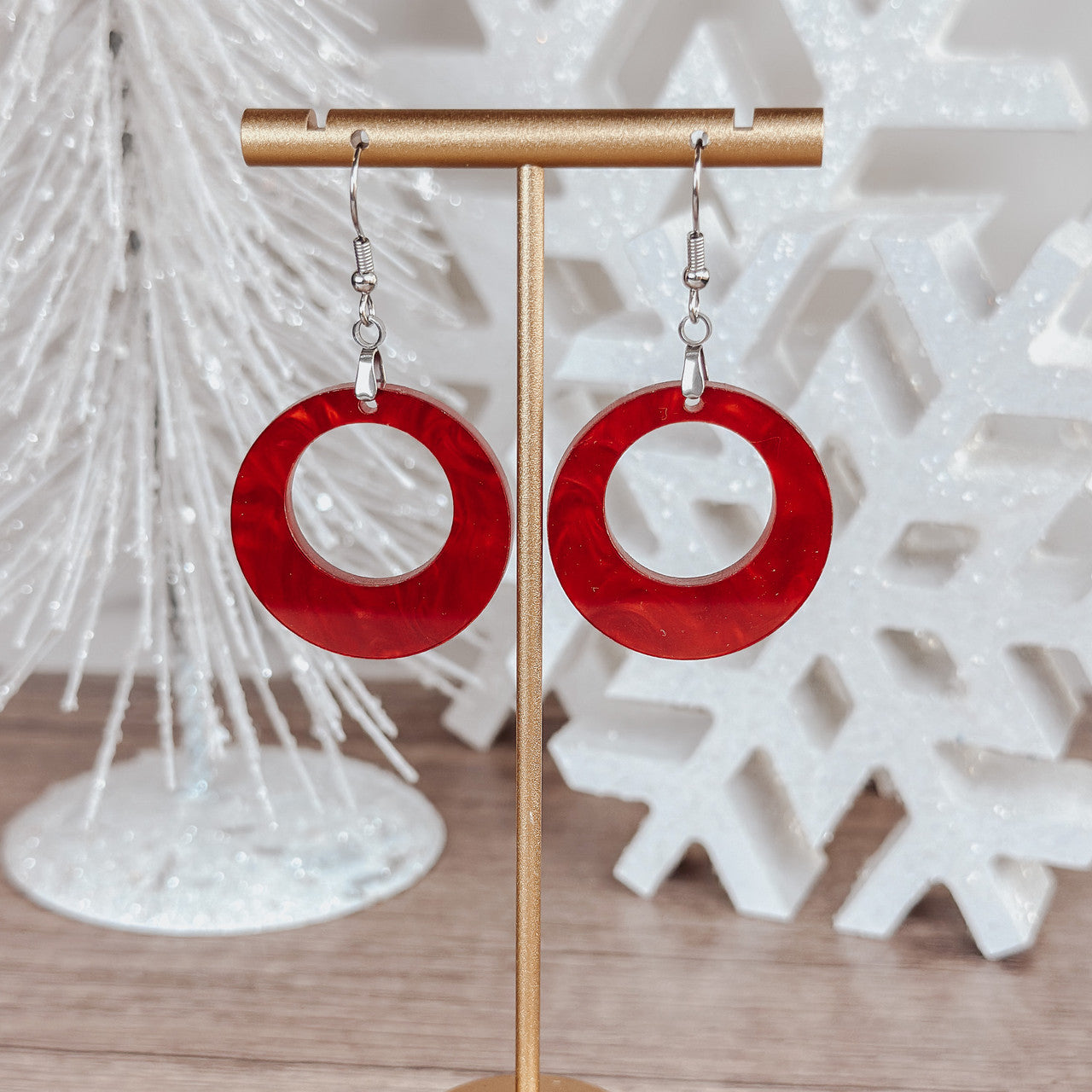 Red Marble Acrylic Round Earrings – Bold Statement Jewelry