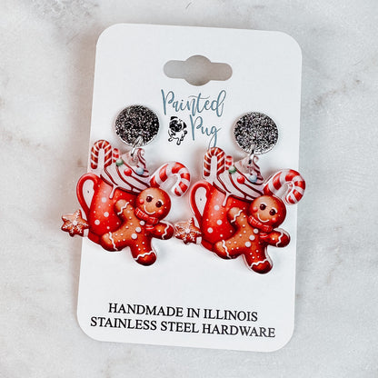 Gingerbread Cocoa Acrylic Post Dangle Earrings – Cute Holiday Jewelry