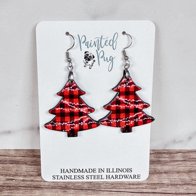 Buffalo Plaid Christmas Tree Earrings - Red and Black Dangle Earrings for Holiday Style