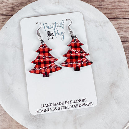 Buffalo Plaid Christmas Tree Earrings - Red and Black Dangle Earrings for Holiday Style