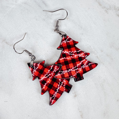 Buffalo Plaid Christmas Tree Earrings - Red and Black Dangle Earrings for Holiday Style