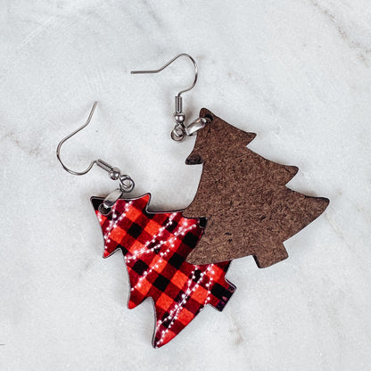 Buffalo Plaid Christmas Tree Earrings - Red and Black Dangle Earrings for Holiday Style
