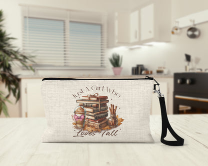 Just a Girl Who Loves Fall Makeup Bag on a kitchen counter