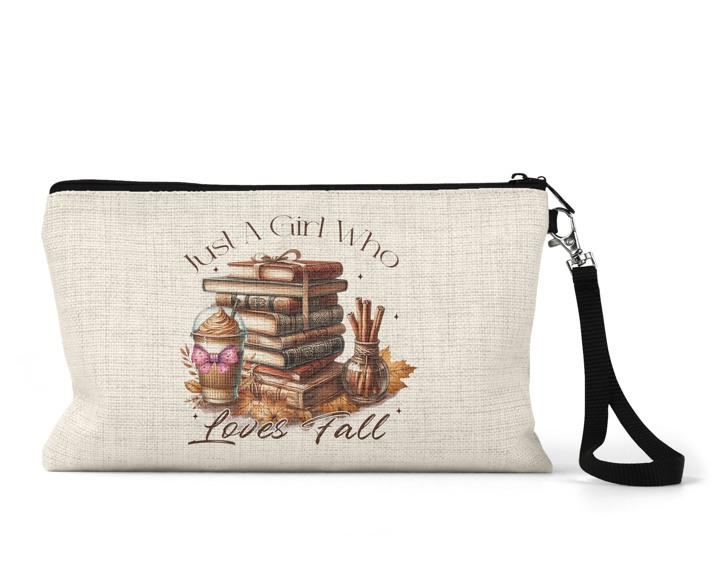 Just a Girl Who Loves Fall Makeup Bag front view on a white background
