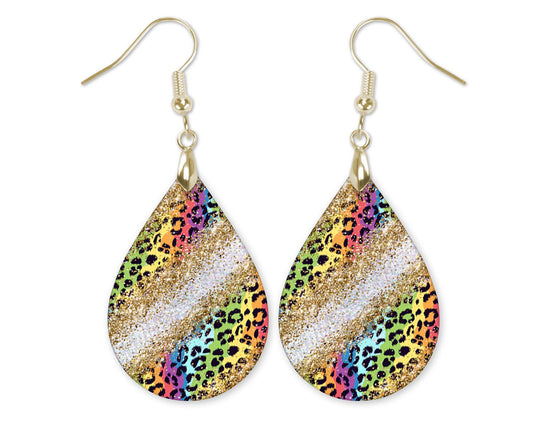 Rainbow Leopard Print Earrings – Handmade Teardrop Statement Earrings with Gold Hooks