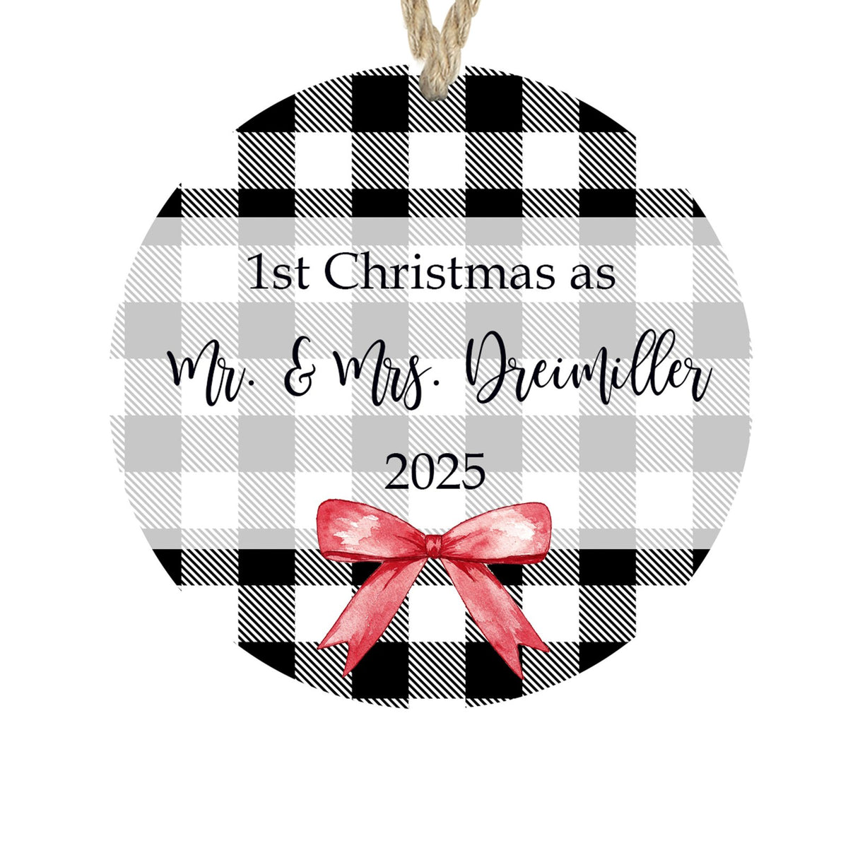 Personalized first Christmas as Mr and Mrs buffalo plaid ornament