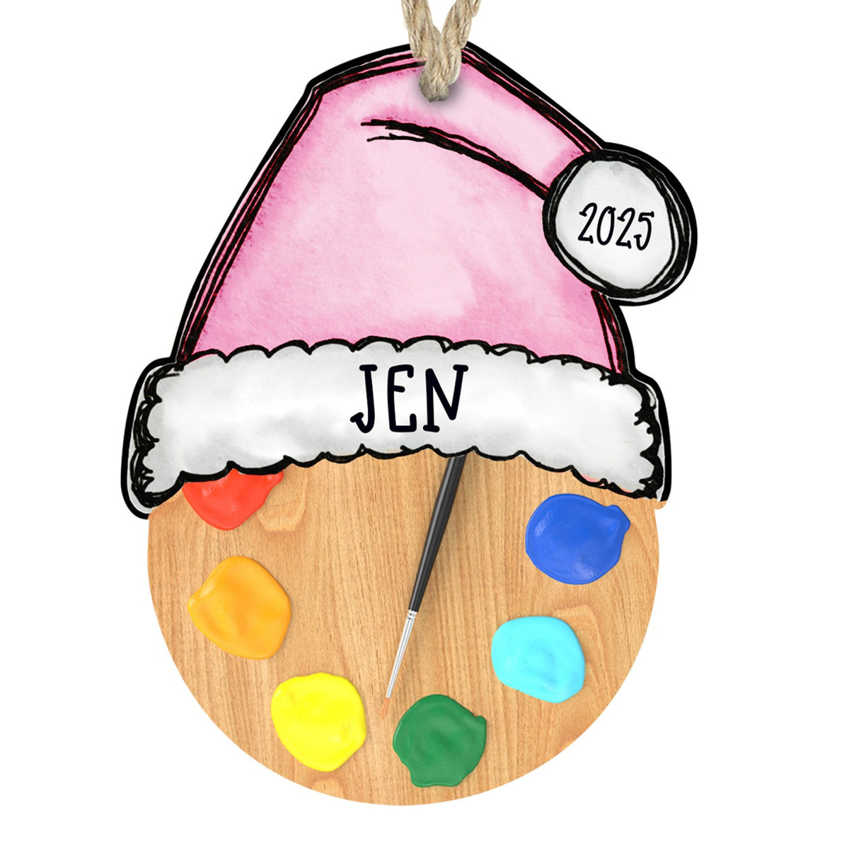 Personalized artist palette Santa hat Christmas ornament