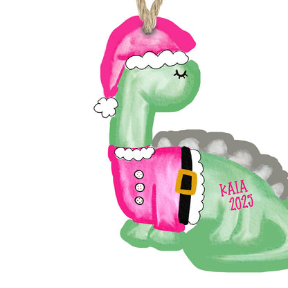 Personalized pink Santa dinosaur Christmas ornament