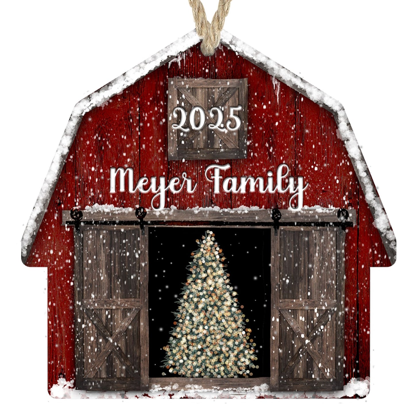 Personalized red barn with tree family name Christmas ornament