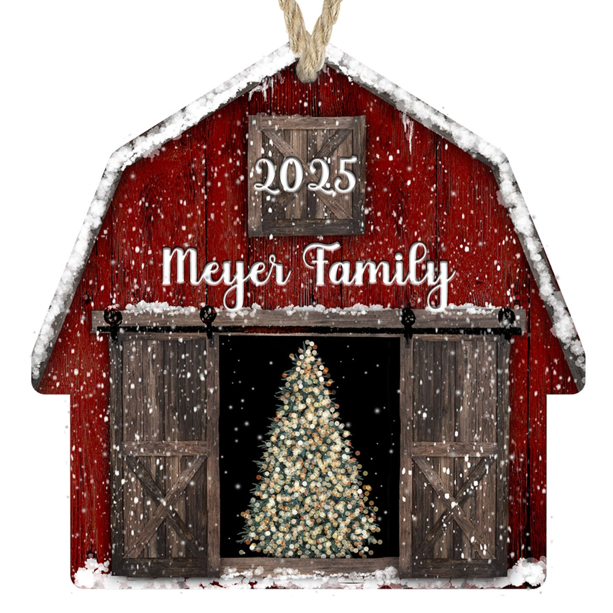 Personalized red barn with tree family name Christmas ornament