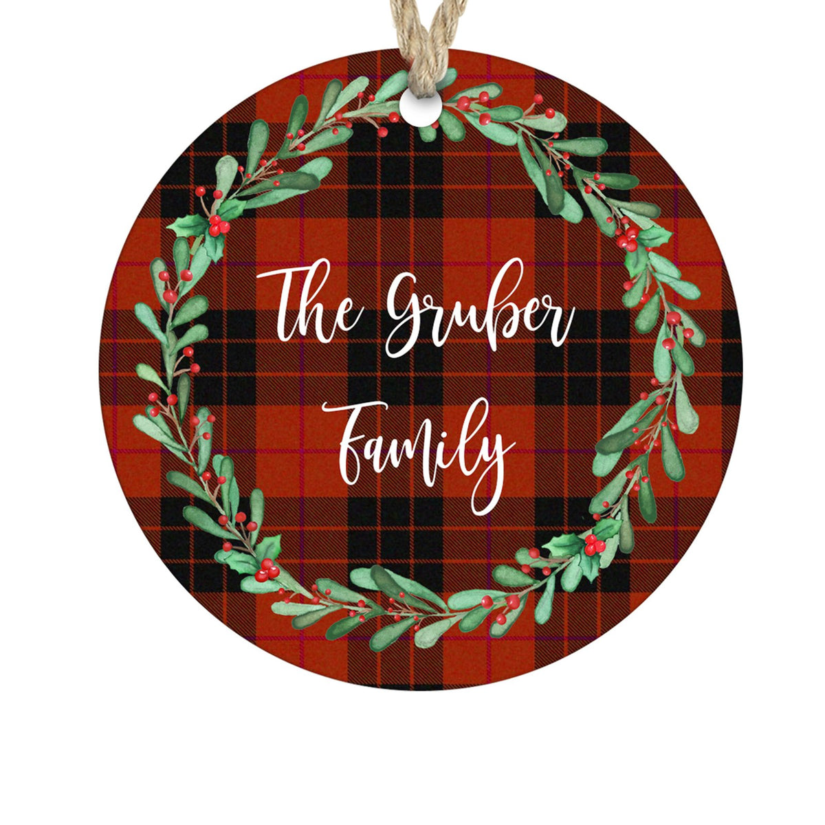 Personalized family name red plaid wreath Christmas ornament