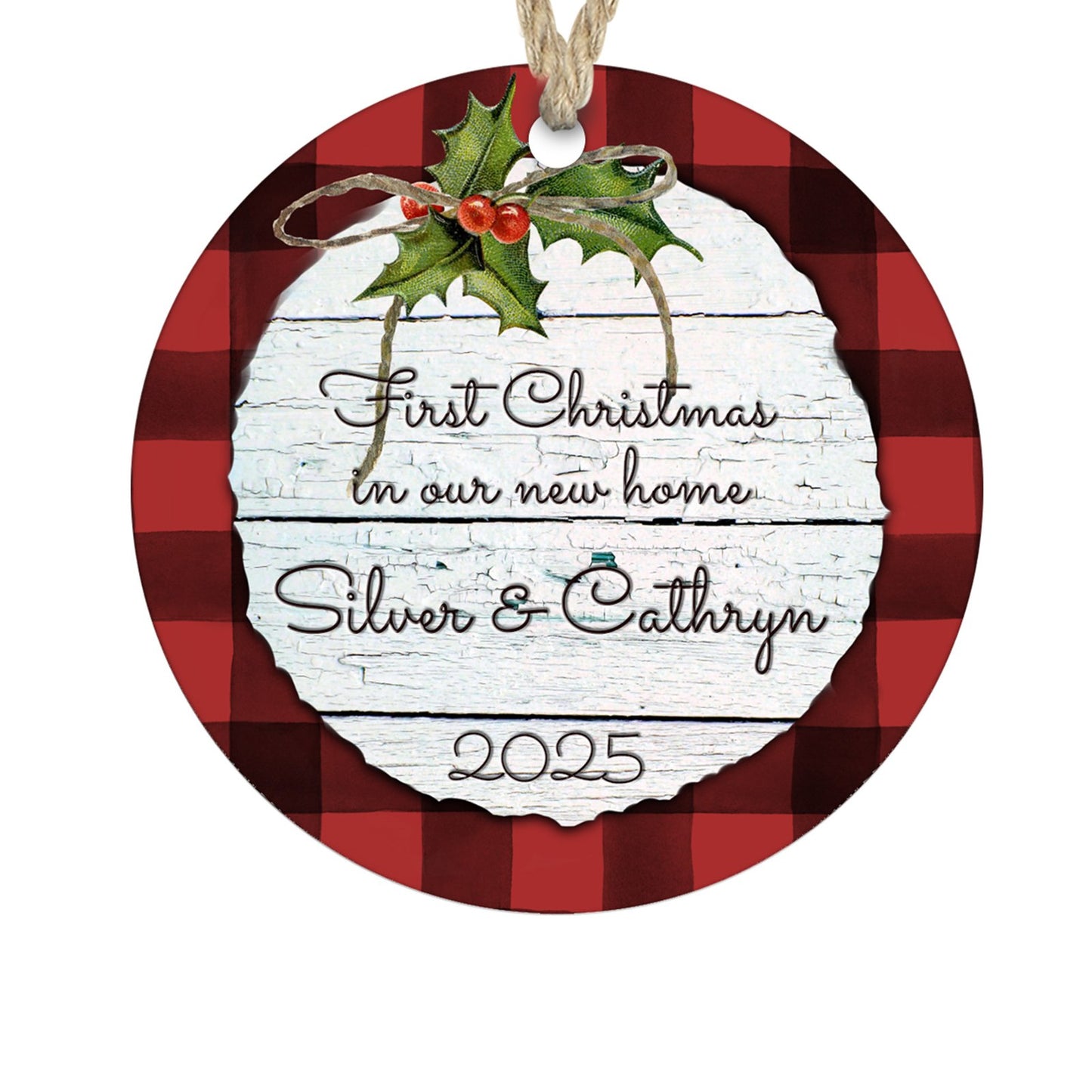 Personalized first Christmas in our new home red plaid ornament