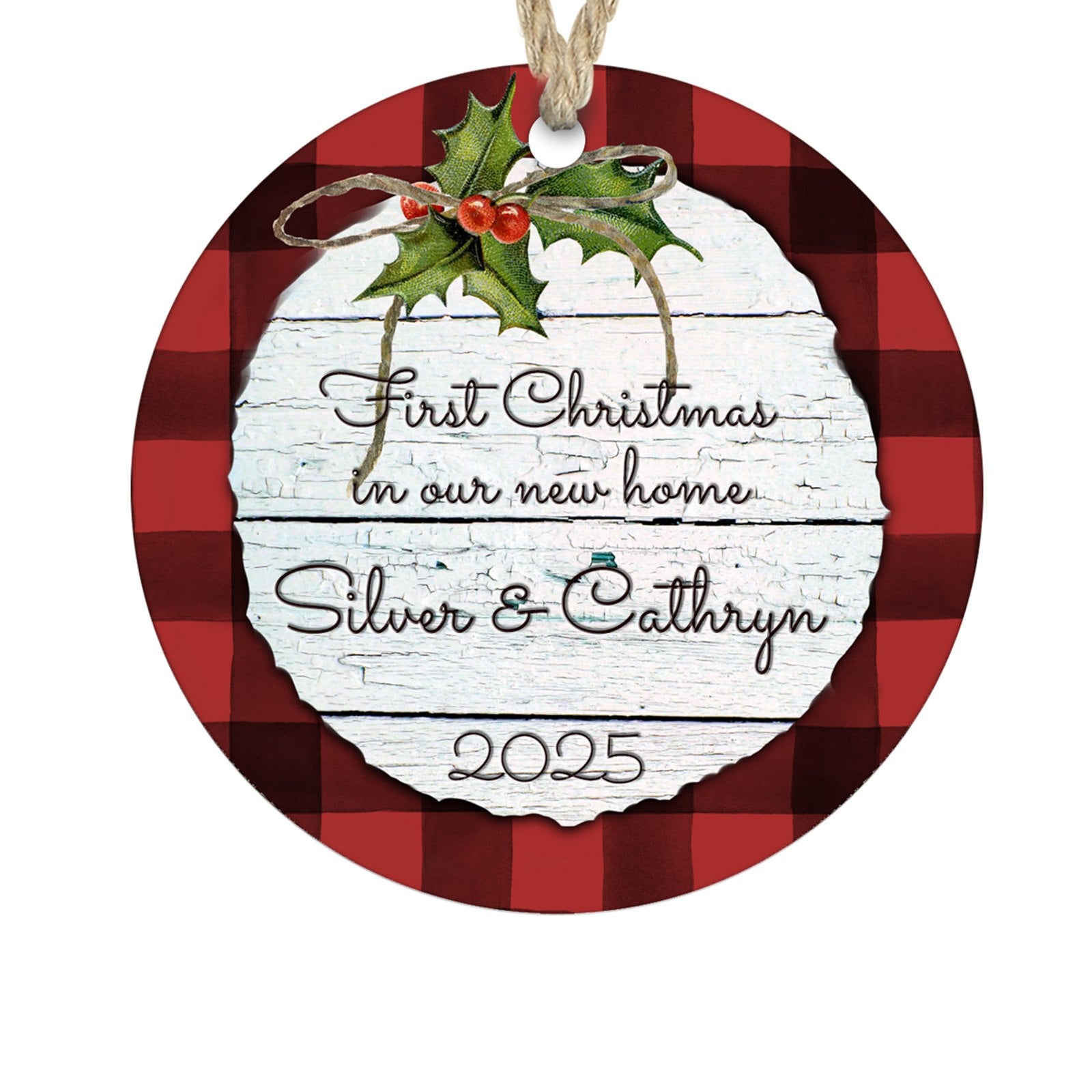 Personalized first Christmas in our new home red plaid ornament