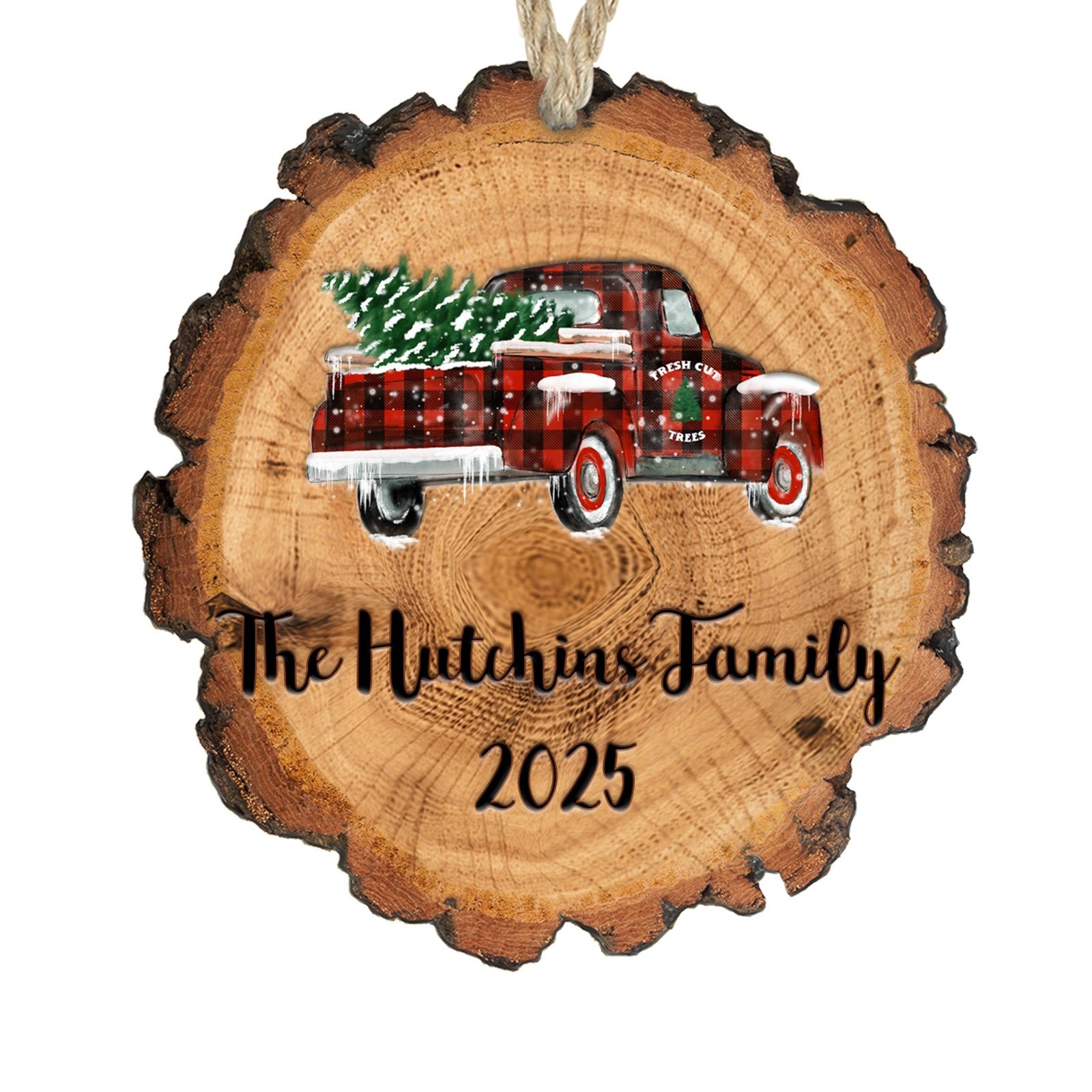 Personalized red truck wood slice family name Christmas ornament