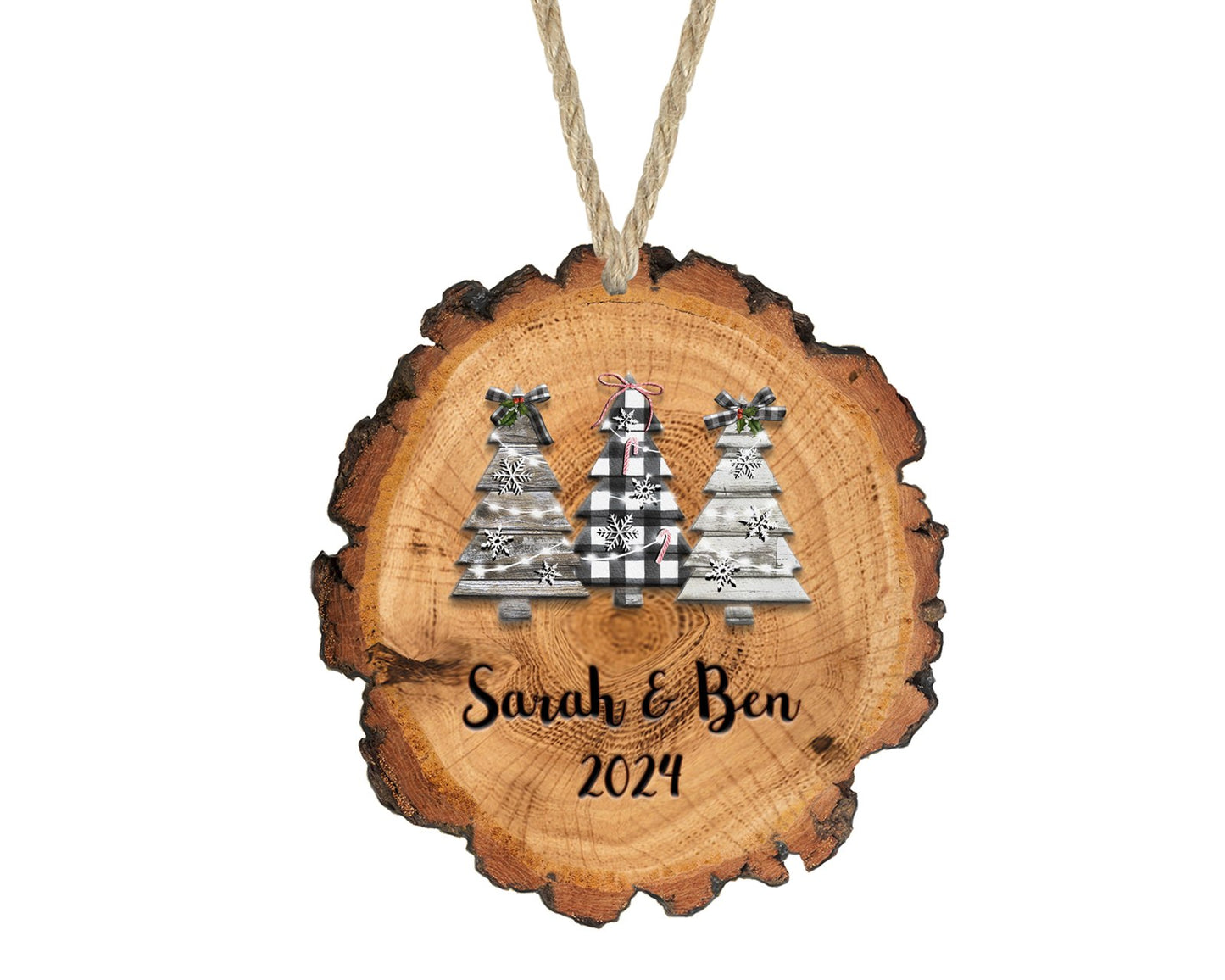 Personalized plaid tree wood slice Christmas ornament with names