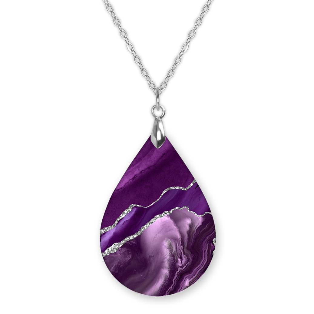Purple Agate Teardrop Necklace – Stainless Steel Pendant Necklace