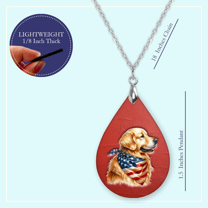 Patriotic Golden Retriever Pendant Necklace – Teardrop, Stainless Steel Chain