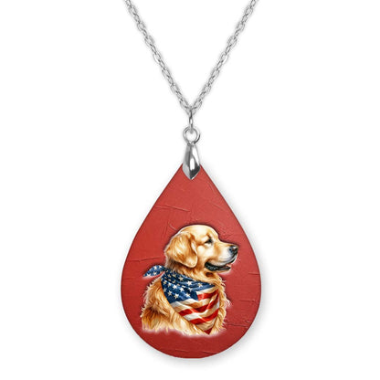 Patriotic Golden Retriever Pendant Necklace – Teardrop, Stainless Steel Chain