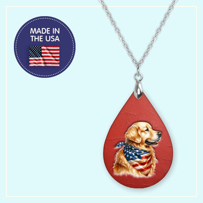 Patriotic Golden Retriever Pendant Necklace – Teardrop, Stainless Steel Chain
