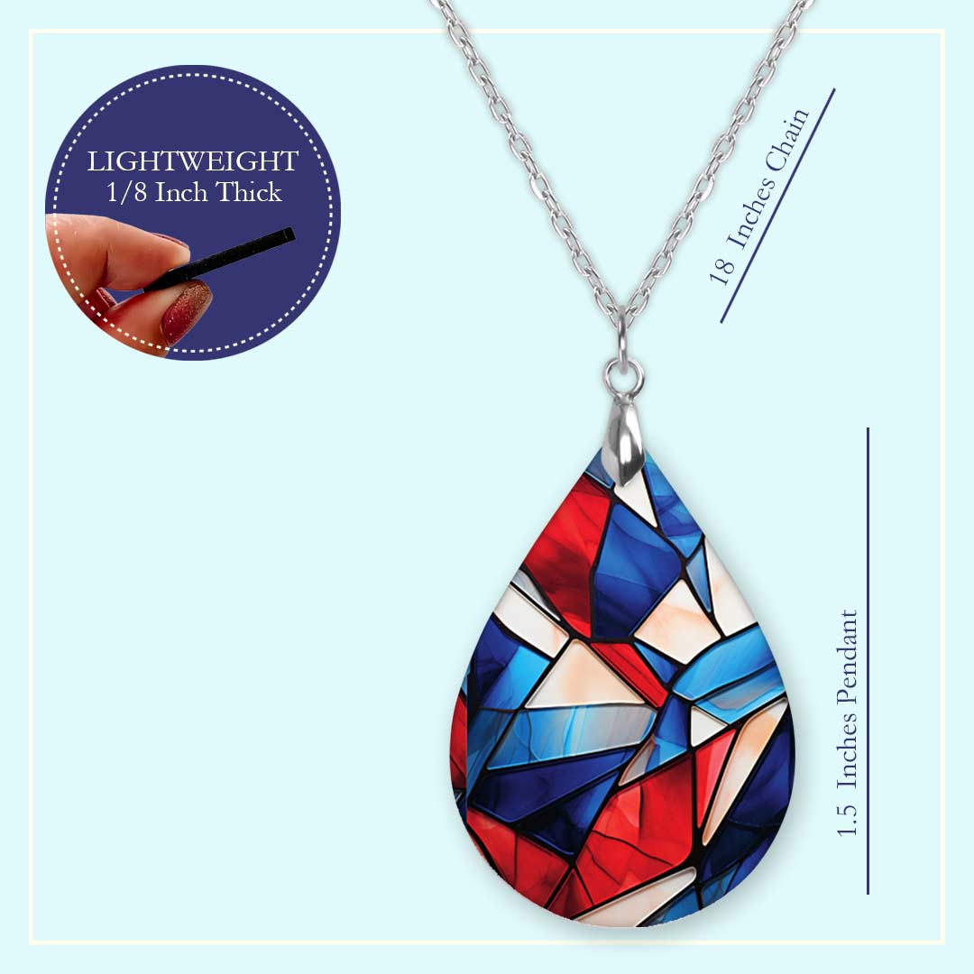 Red White Blue Stained Glass Pendant Necklace – Patriotic Teardrop, Stainless Steel