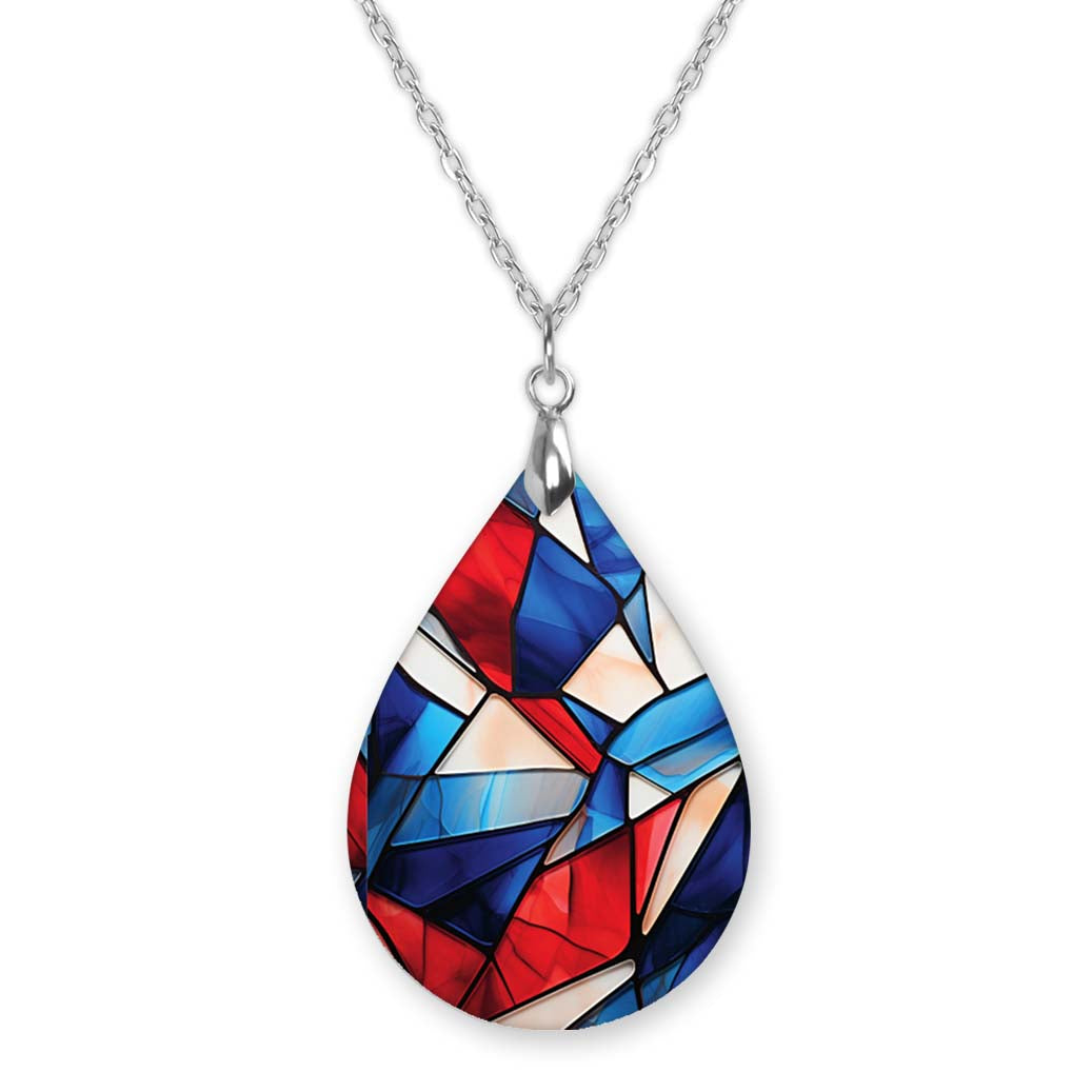 Red White Blue Stained Glass Pendant Necklace – Patriotic Teardrop, Stainless Steel