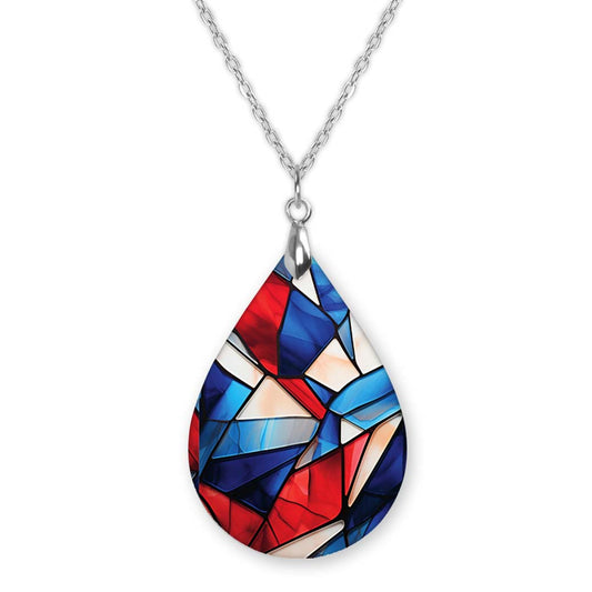 Red White Blue Stained Glass Pendant Necklace – Patriotic Teardrop, Stainless Steel