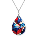 Red White Blue Stained Glass Pendant Necklace – Patriotic Teardrop, Stainless Steel