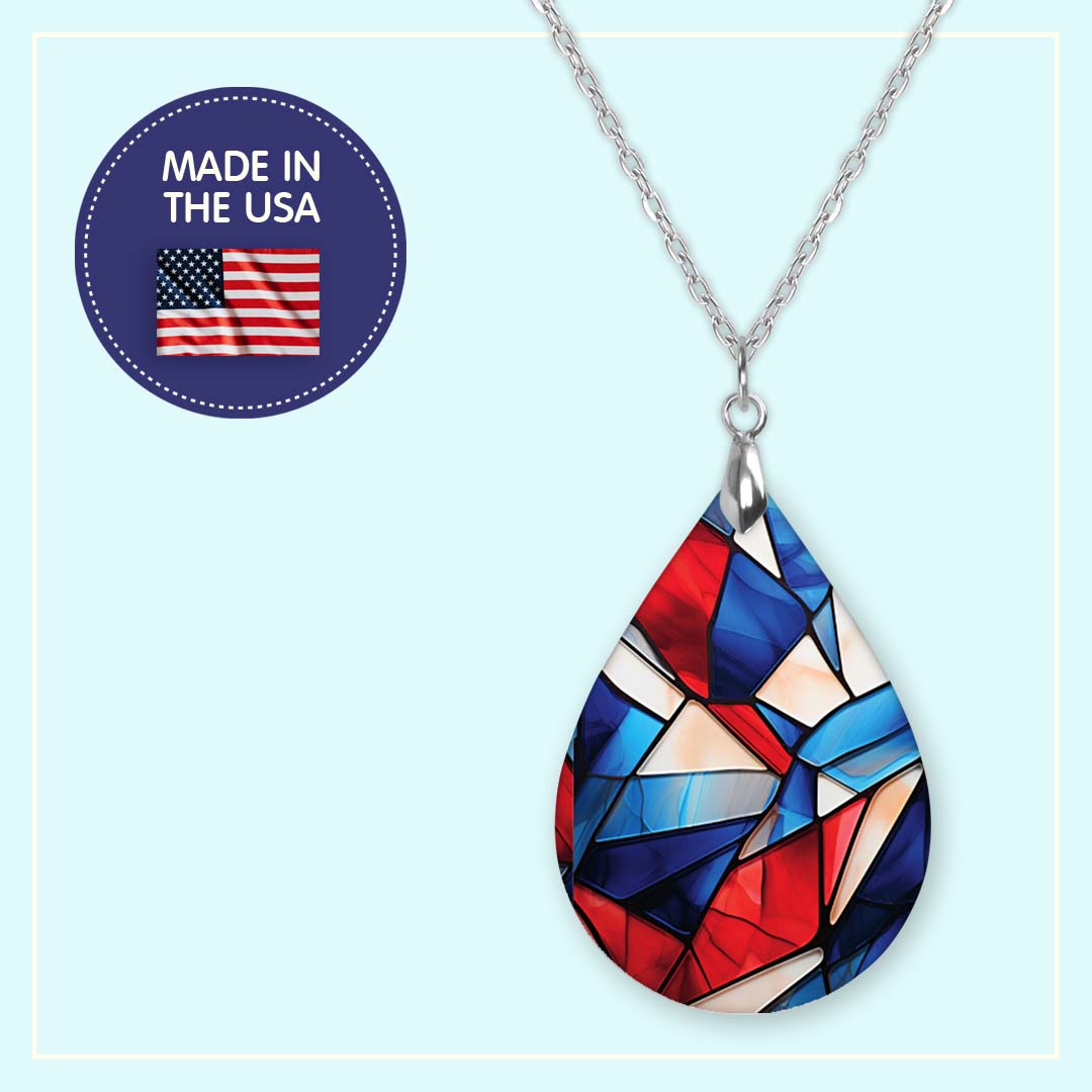 Red White Blue Stained Glass Pendant Necklace – Patriotic Teardrop, Stainless Steel